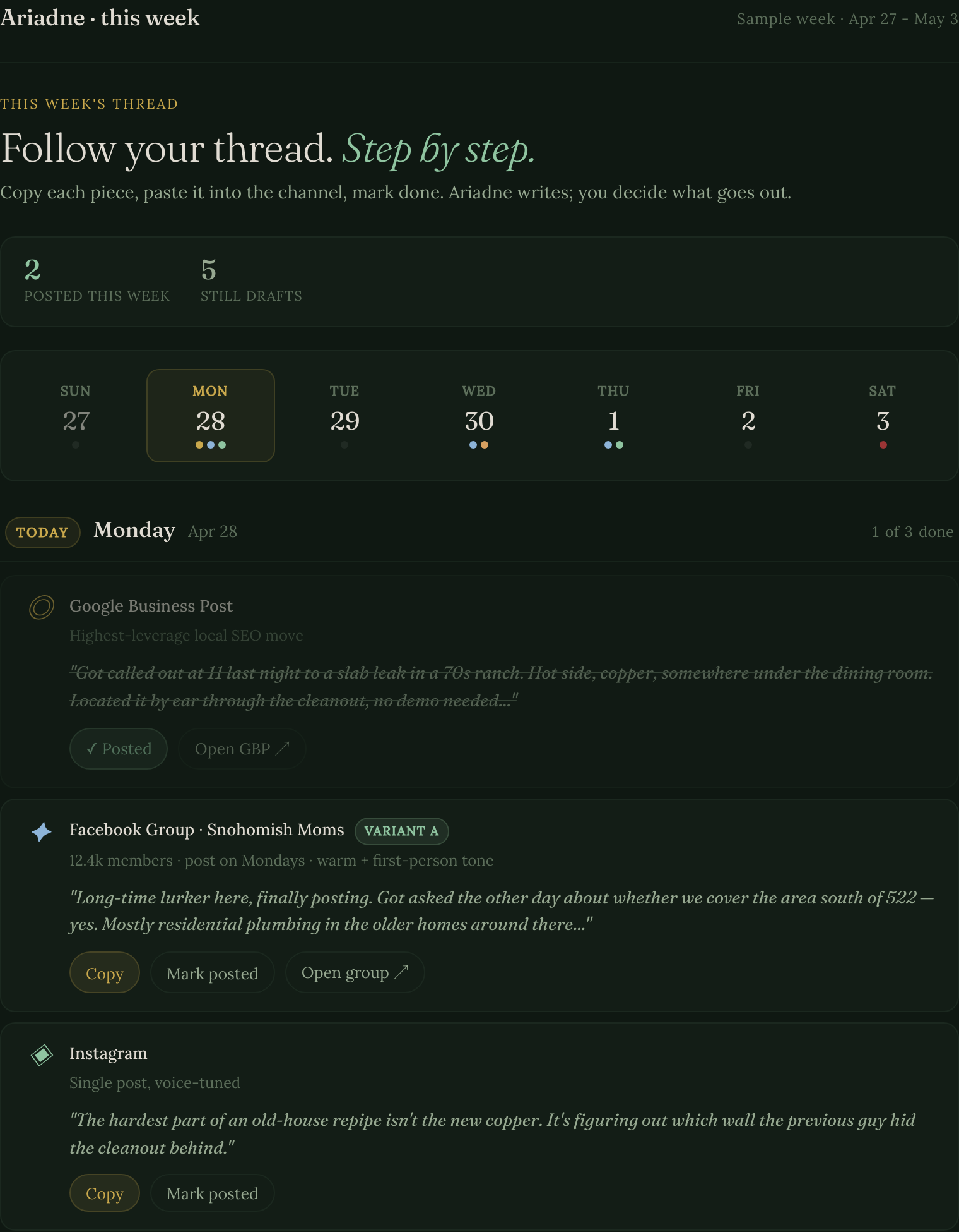 Ariadne's weekly calendar view, showing a Google Business post, Facebook group post, and Instagram draft ready to copy and mark posted