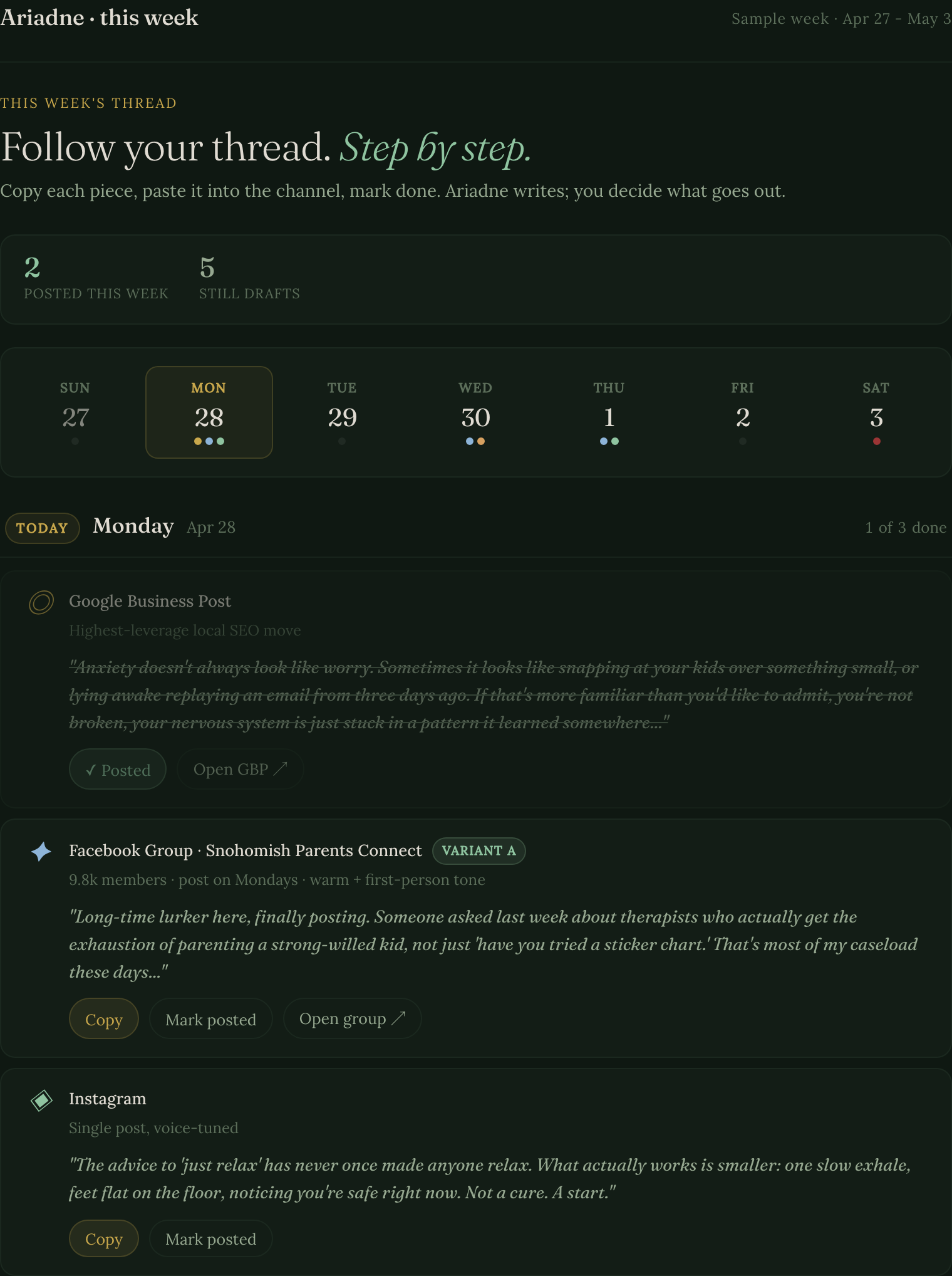 Ariadne's weekly calendar view for a therapist, showing a Google Business post, a Facebook group post, and an Instagram draft ready to copy and mark posted